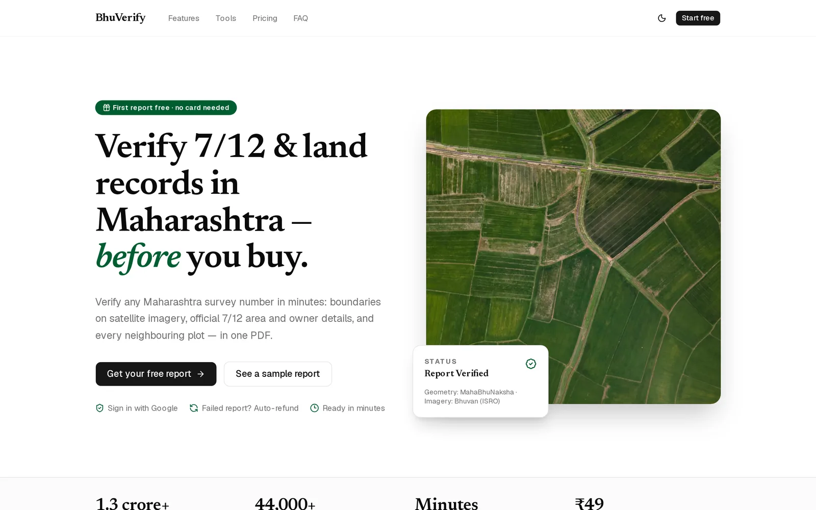 BhuVerify home page: “Verify 7/12 and land records in Maharashtra before you buy”, beside a satellite photo of farm plots and a “Report verified” status card.