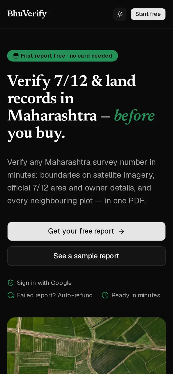 BhuVerify on a phone in dark mode.