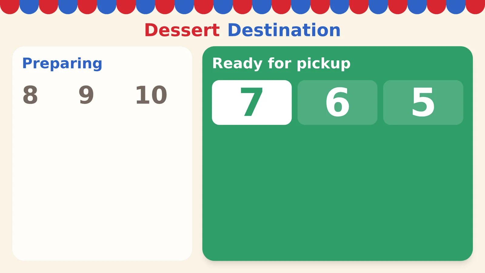 Customer board on a TV: tokens 8, 9 and 10 under Preparing, and 7, 6 and 5 under Ready for pickup.