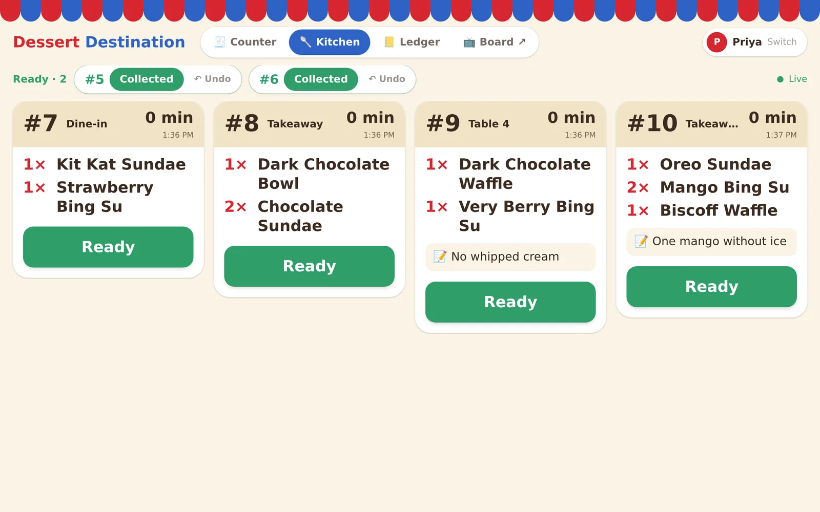 Kitchen screen: four order tickets with tokens, items in large type and green Ready buttons.