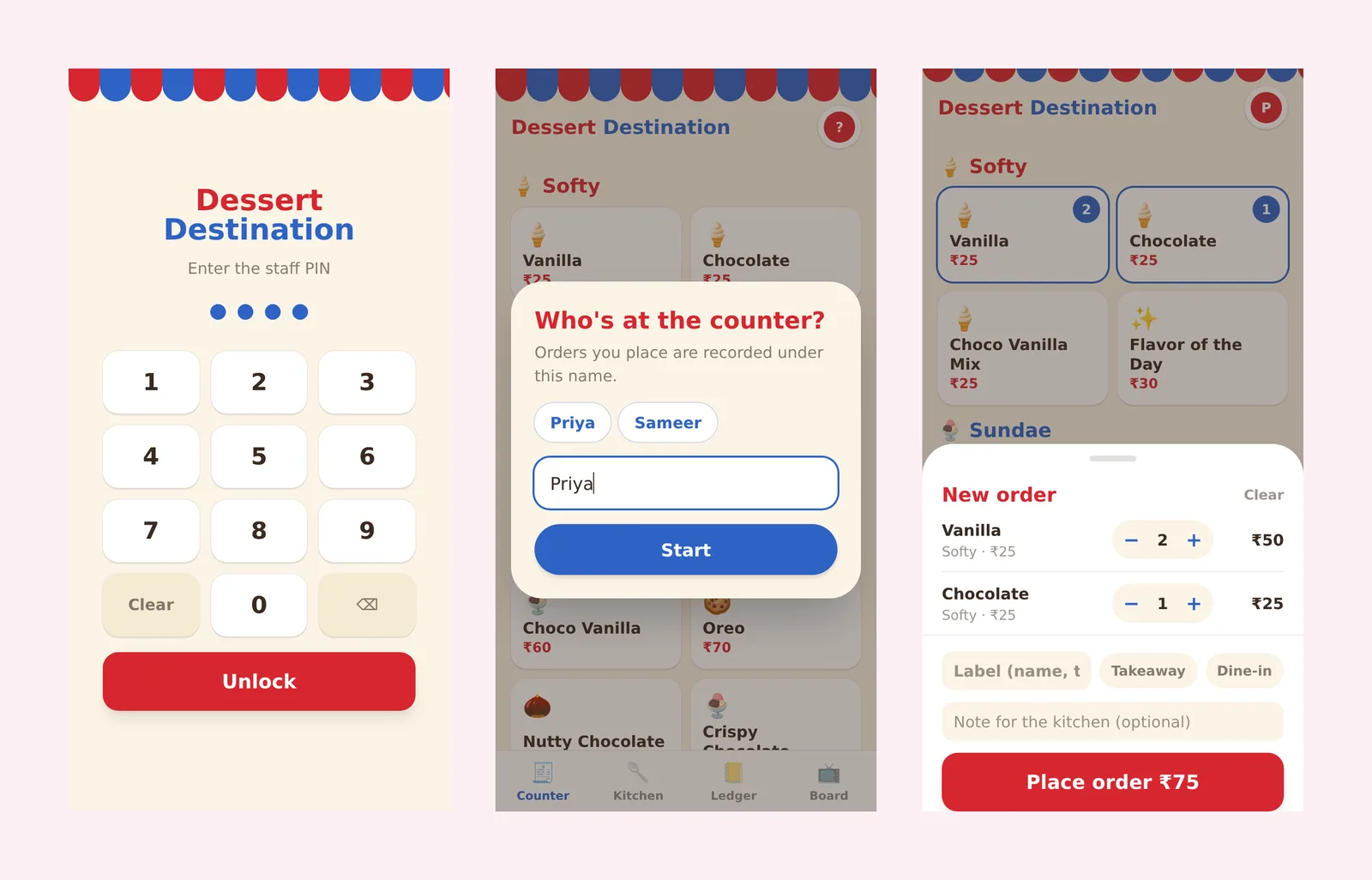 Three phone screens: the staff PIN pad, choosing who is at the counter, and reviewing an order before placing it.